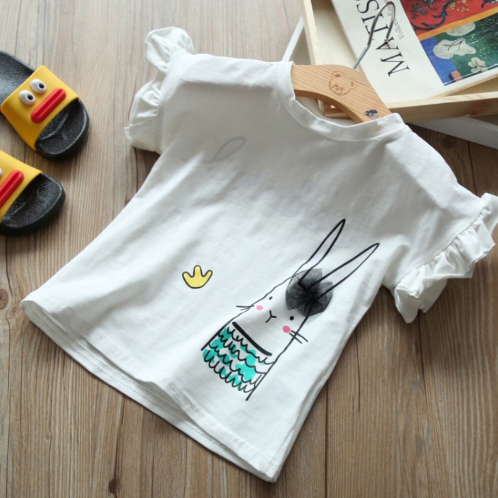 Girls T-shirts Ruffle Short Sleeve White Tee Shirt